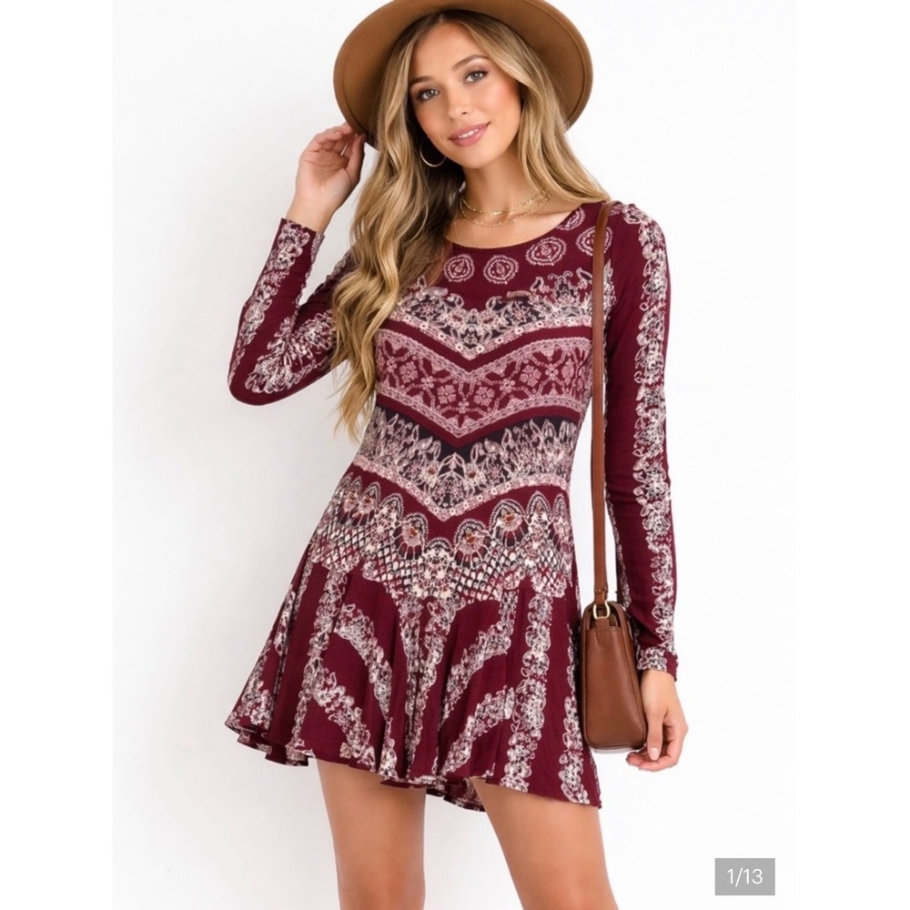 Free People Smooth Talker Tunic Dress M Burgundy Boho Paisley Open Back